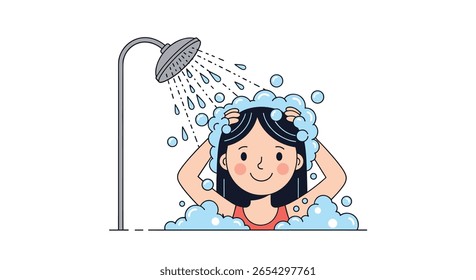 Mulher lavando seu cabelo sob a água do chuveiro cercada por bolhas desfrutando de uma banheira refrescante