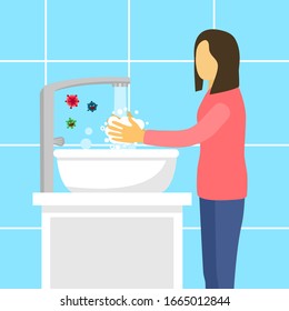 A woman washing her hands in the sink concept vector illustration. Washing hands under faucet with soap and water. Virus and bacteria prevention healthcare in flat design.