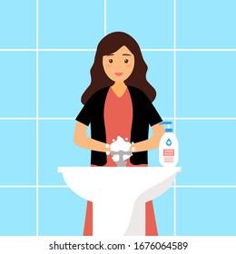 A woman washing her hands in the sink concept vector illustration. Washing hands under faucet with soap and water. Virus and germs prevention healthcare in flat design. Front view.