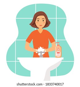 A woman washing her hands in the sink concept vector illustration. Washing hands under faucet with soap and water. Virus and germs prevention healthcare in flat design. Front view.	
