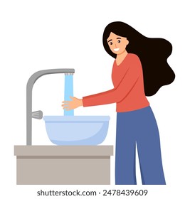 Woman washing her hands in the sink concept vector illustration. Washing hands under faucet with water.