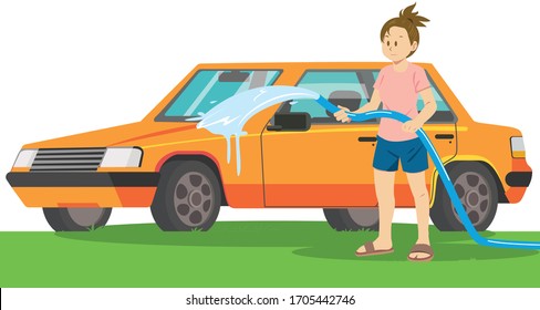 woman washing her own car with water. Flat style vector illustration.