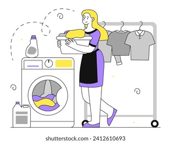 Mujer con lavadora lineal. Muchacha con ropa sucia. Las tareas domésticas y la rutina. Limpieza e higiene. Ilustración del vector plano Doodle aislada en fondo blanco