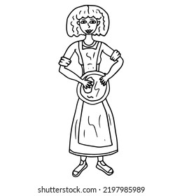 Woman washing a plate by hand in a dress and apron isolated on white background.