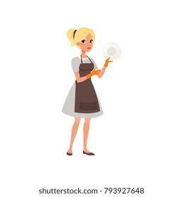 Woman washing plate with sponge. Cartoon character of blond girl. Maid in uniform with rubber gloves and apron. Cleaning service. Professional at work. Flat vector