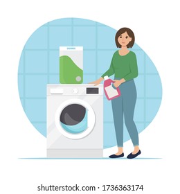 Woman with washing powder in her hands near the washing machine. Housewife concept, washing clothes. Vector illustration in flat style