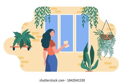 Woman washing window among home plants. Houseplants, greenhouse, eco interior flat vector illustration. Household, housecleaning concept for banner, website design or landing web page