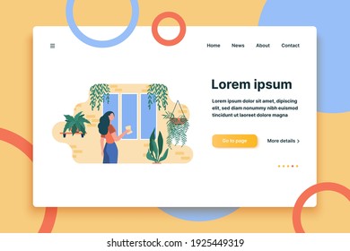 Woman washing window among home plants. Houseplants, greenhouse, eco interior flat vector illustration. Household, housecleaning concept for banner, website design or landing web page