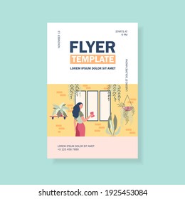 Woman washing window among home plants. Houseplants, greenhouse, eco interior flat vector illustration. Household, housecleaning concept for banner, website design or landing web page