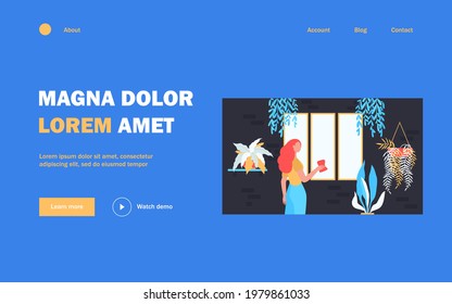 Woman washing window among home plants. Houseplants, greenhouse, eco interior flat vector illustration. Household, housecleaning concept for banner, website design or landing web page