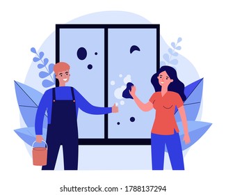 Woman washing window. Cleaning service worker in overall and bucket flat vector illustration. Hygiene, housework, household concept for banner, website design or landing web page