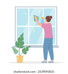 Mujer lavando ventana en casa. Personaje femenino haciendo tareas domésticas o limpiador profesional. Mujer joven ama de casa limpieza de la rutina de la casa. Ilustración vectorial sobre fondo blanco.