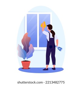 Woman Washing The Window. Housemaid Cleaning The Pane. Cleaning Service. Icon, Web Banner. Flat Vector Illustration.