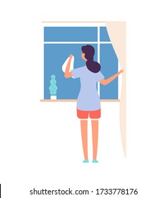 Woman washing window. Housework, cleaning service worker. Flat female with cloth, girl or housewife looking at street vector illustration