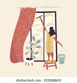 Woman is washing the window. Isolated on light background. Home work. Routine, cleaning, bucket, plant, ficus, curtain, housekeeping. Vector illustration. Poster, print, card design.