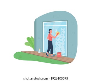 Woman Washing Window Outside Flat Color Vector Faceless Character. House Chores, Housekeeping. Outdoor Spring Cleaning Isolated Cartoon Illustration For Web Graphic Design And Animation