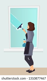Woman washing the window with a scraper. Window cleaning. Scraper glides over the glass, making it clean. Spray glass cleaner in hand. Vector illustration