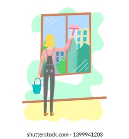 Woman washing window using squeegee. Cartoon flat vector illustration in modern style. Female worker character. Clean public areas, cleaning and caring service for home and office concept