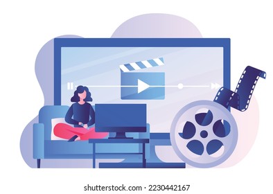 Woman watch movie. Girl with remote control sits in front of TV, gadgets and devices. Modern technologies and online series. Interesting content, rest after work. Cartoon flat vector illustration svg