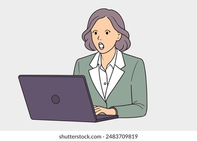 Woman watch news on laptop. Shocked businesswoman stressed about bad news line with vector illustration on white background.