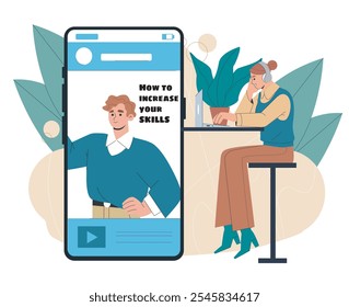 Woman watch online course. Young girl with laptop watches mans lecture. Self development and motivation. Remote education and training. Webinar and tutorial. Flat vector illustration