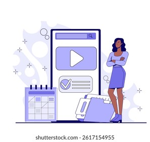 Woman watch online webinar. Young girls near huge smartphone. Usability for mobile applications and programs. Graphic designers develop interface elements. Flat vector illustration