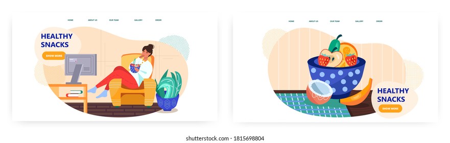 Woman watch tv at home and eat healthy snacks. Bowl with fruits. Healthy food concept illustration. Vector web site design template. Weekend and free time at home