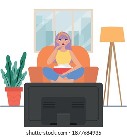 Woman watch tv news hygge style design ilustration - Vector