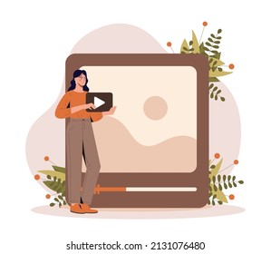 Woman watch video. Modern technologies and blogs. Internet and useful and interesting content, video hosting and social networks. Online courses and master classes. Cartoon flat vector illustration