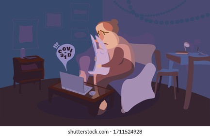 Woman watches corona virus news and gets frightened by it. Woman sitting alone in a dark room with toy in her hands. Lockdown illustration.