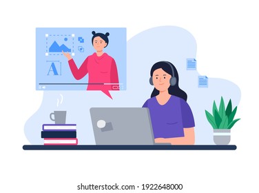 A Woman Watches Online Design Course. Online Education, E-learning, Studying at Home, Tutorials. Vector Flat Illustration.