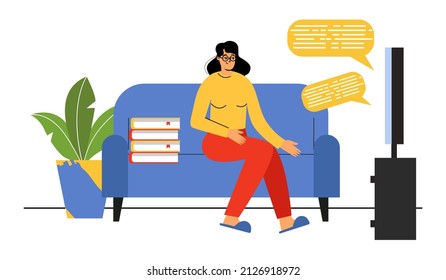 A woman watches TV after work, the news. Leisure of office workers after work