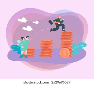 Woman watching businessman jumping over stacks of gold coins. Business person getting promotion flat vector illustration. Finances, success, progress concept for banner, website design or landing page