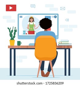 Woman watching culinary blog. Video review concept. Online tutorial video streaming. Woman at table with monitor at home. Vector illustration in flat style