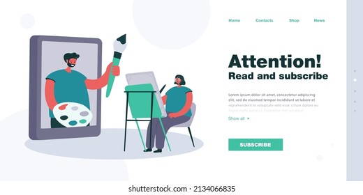 Woman watching drawing workshop online. Flat vector illustration. Girl with of easel, giant tablet, teacher leading painting master class. Online education, distance learning, drawing concept