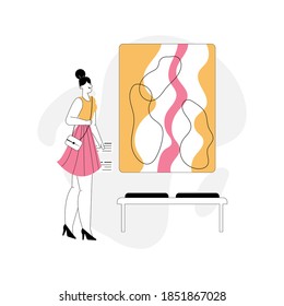 Woman Watching Exhibition Of Abstract Painting. Female Visitor At Museum Of Modern Art. Vector Linear Character Illustration Of Tourist At Excursion Of Contemporary Artwork, Gallery Opening Event