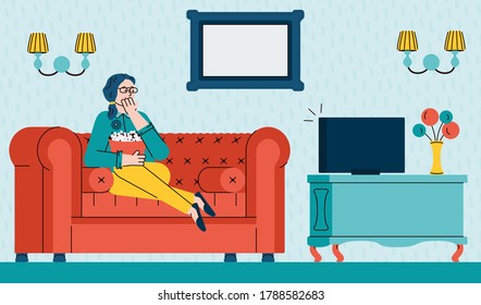 Woman watching favorite movie or show at home, sitting on sofa behind TV cartoon vector illustration. Home leisure and rest after workday banner with woman on couch.