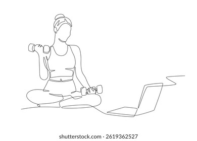 Woman watching how to lift dumbbells from online class on laptop. Online fitness classes concept one-line drawing