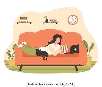 Woman watching movie. Girl lies on couch near laptop. Social networks, remote communication, search for information on Internet. Comfortable rest, cozy apartment. Cartoon flat vector illustration