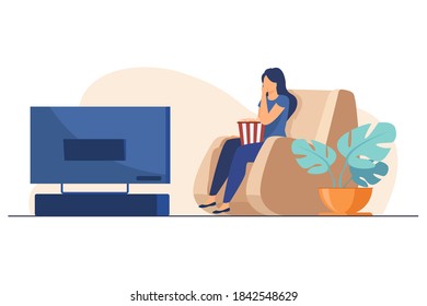 Woman watching movie or show in TV. Pop corn, living room, sitting in armchair flat vector illustration. Leisure time, entertainment at home concept for banner, website design or landing web page