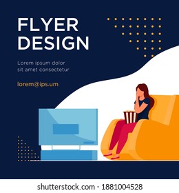 Woman watching movie or show in TV. Pop corn, living room, sitting in armchair flat vector illustration. Leisure time, entertainment at home concept for banner, website design or landing web page