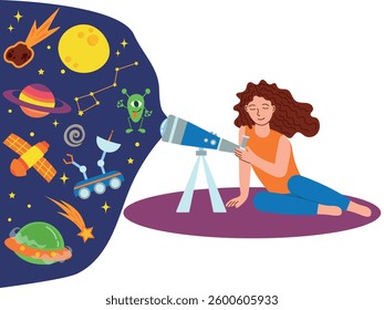 Woman watching the night starry sky through a telescope, planets, moon, comet. Astronomical observations, entertainment or pleasant hobby. Cartoon vector illustration in a flat style