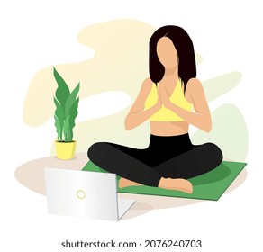 Woman watching online classes on laptop, practicing yoga, meditation and doing exercise. Live stream, internet education