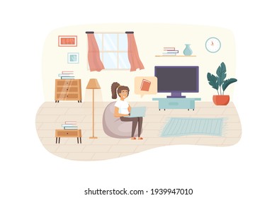 Woman Watching Online Course Or Reading E-book At Laptop Sitting In Living Room Scene. E-learning, Online Education, Home Schooling Concept. Vector Illustration Of People Characters In Flat Design