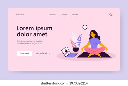 Woman watching online video yoga class on laptop and doing exercises at home, sitting in lotus pose on mat. Vector illustration for body training activity, education, meditation concept
