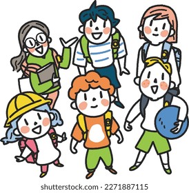 A woman watching over children going to and from school while walking a dog Illustration material
