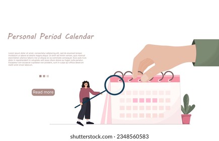 Woman watching personal period calendar, calendar for menstruation control and pregnancy planning, woman with mobile phone scheduling period with marked days, women cycle tracker,  vector illustration