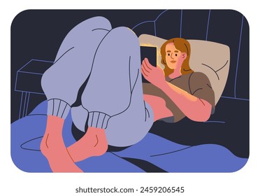 Mujer mirando el teléfono en la cama, relajándose por la noche. Mujer joven que sostiene el gadget, que disfruta del ocio tarde en línea. Chica descansando, desplazándose por las redes sociales, leyendo, jugando. Ilustración vectorial plana