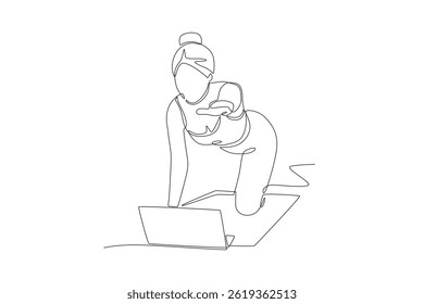 Woman watching plank movements from online class on laptop. Online fitness classes concept one-line drawing