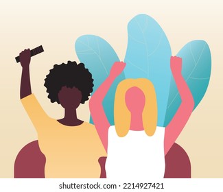 Woman watching sports with LGBTQ partner, flat vector stock illustration with leaves